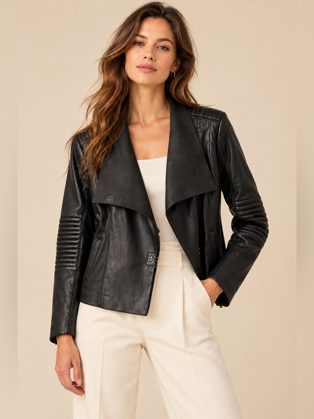 Trouvé Black Genuine Leather Moto Jacket Draped Collar Lightweight Size Large